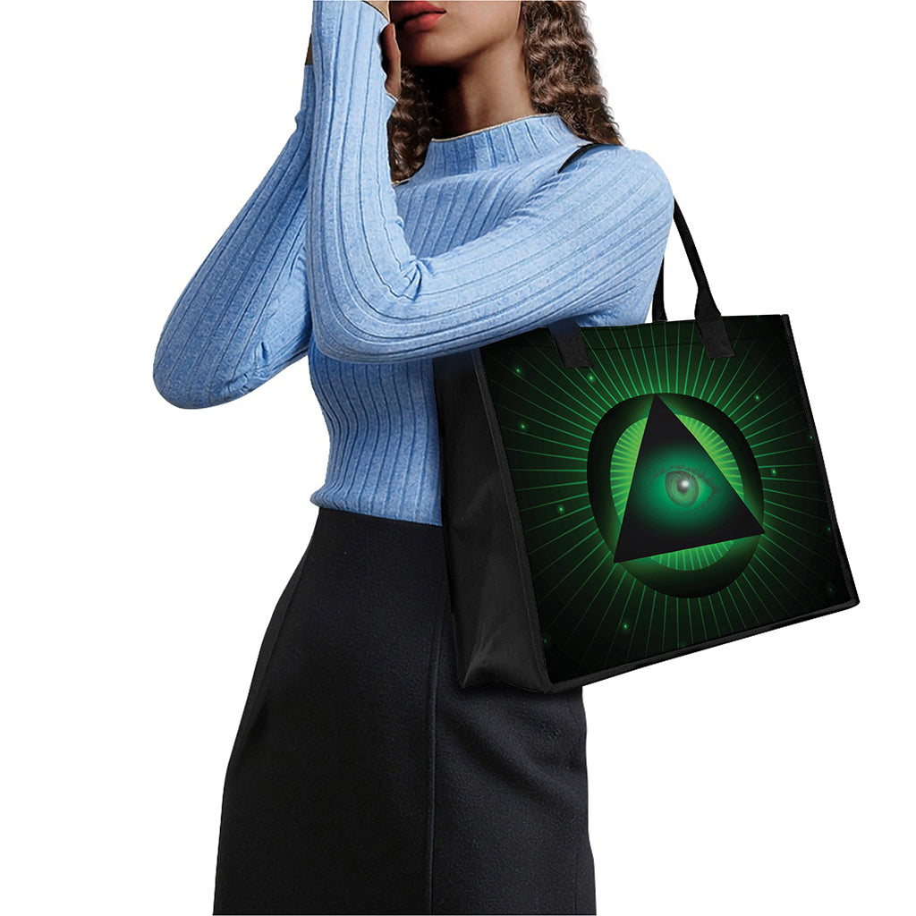 Green Masonic Eye Print Canvas Tote Bag