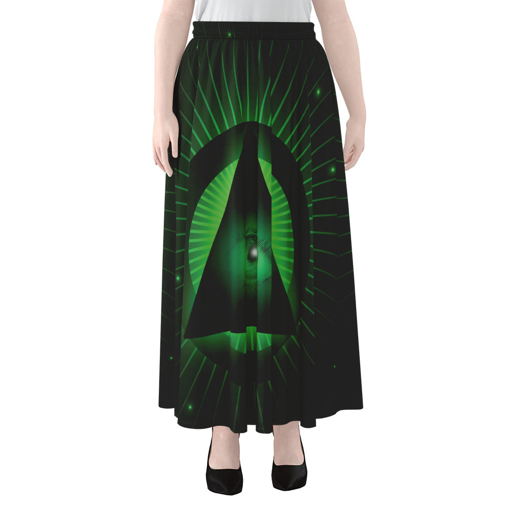Green Masonic Eye Print Chiffon Maxi Skirt