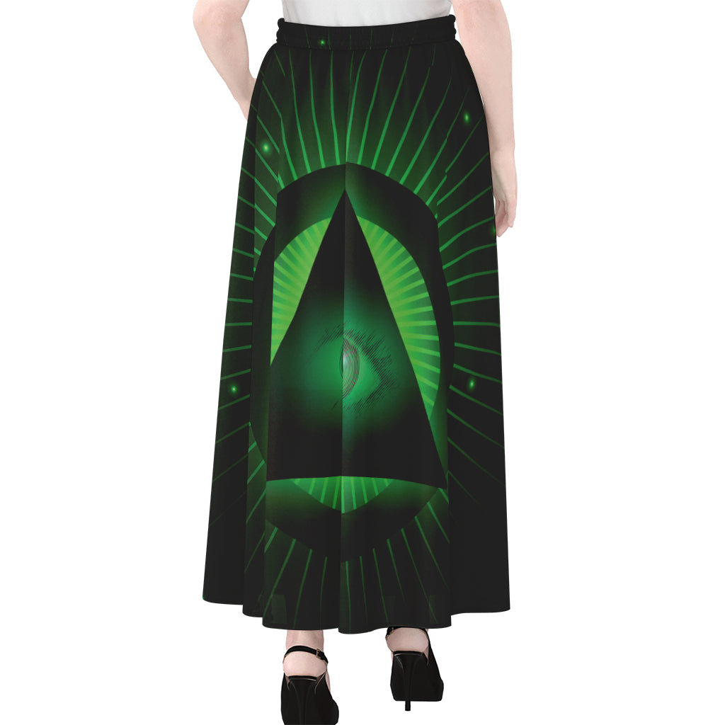 Green Masonic Eye Print Chiffon Maxi Skirt