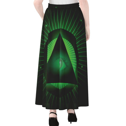 Green Masonic Eye Print Chiffon Maxi Skirt