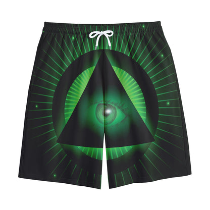 Green Masonic Eye Print Cotton Shorts