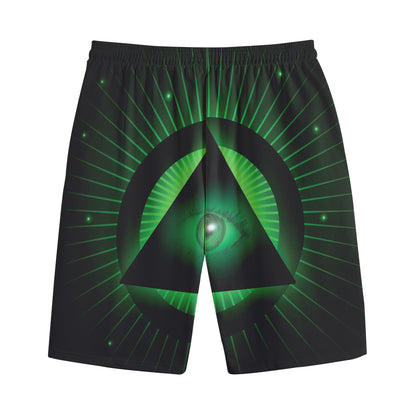 Green Masonic Eye Print Cotton Shorts