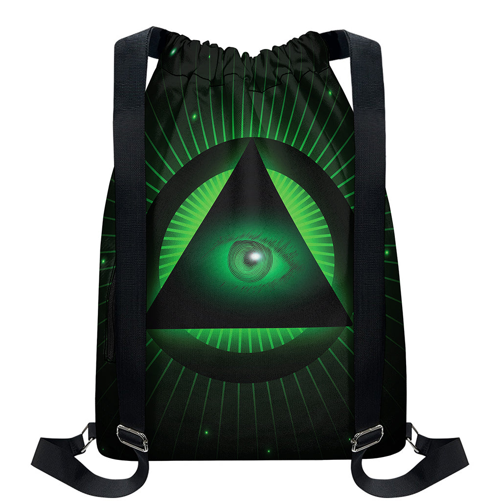 Green Masonic Eye Print Drawstring Backpack