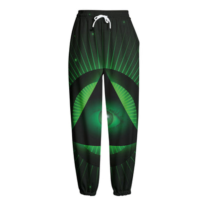 Green Masonic Eye Print Fleece Lined Knit Pants