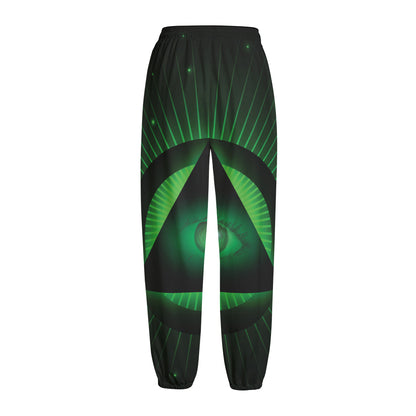 Green Masonic Eye Print Fleece Lined Knit Pants