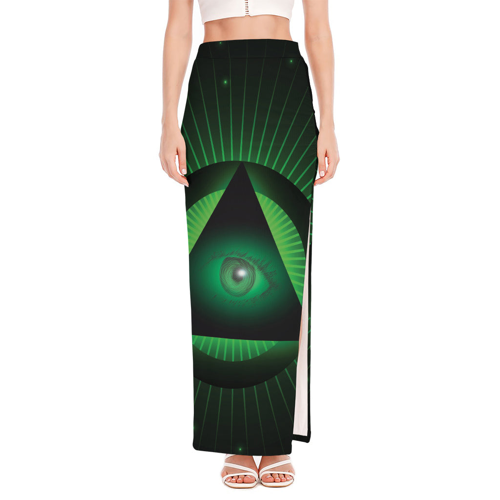 Green Masonic Eye Print High Slit Maxi Skirt