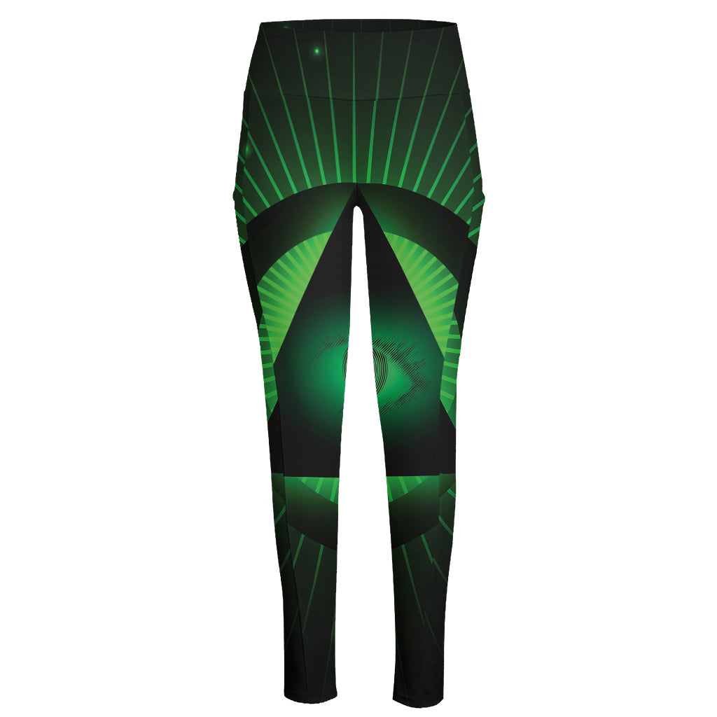 Green Masonic Eye Print High-Waisted Pocket Leggings