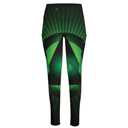 Green Masonic Eye Print High-Waisted Pocket Leggings