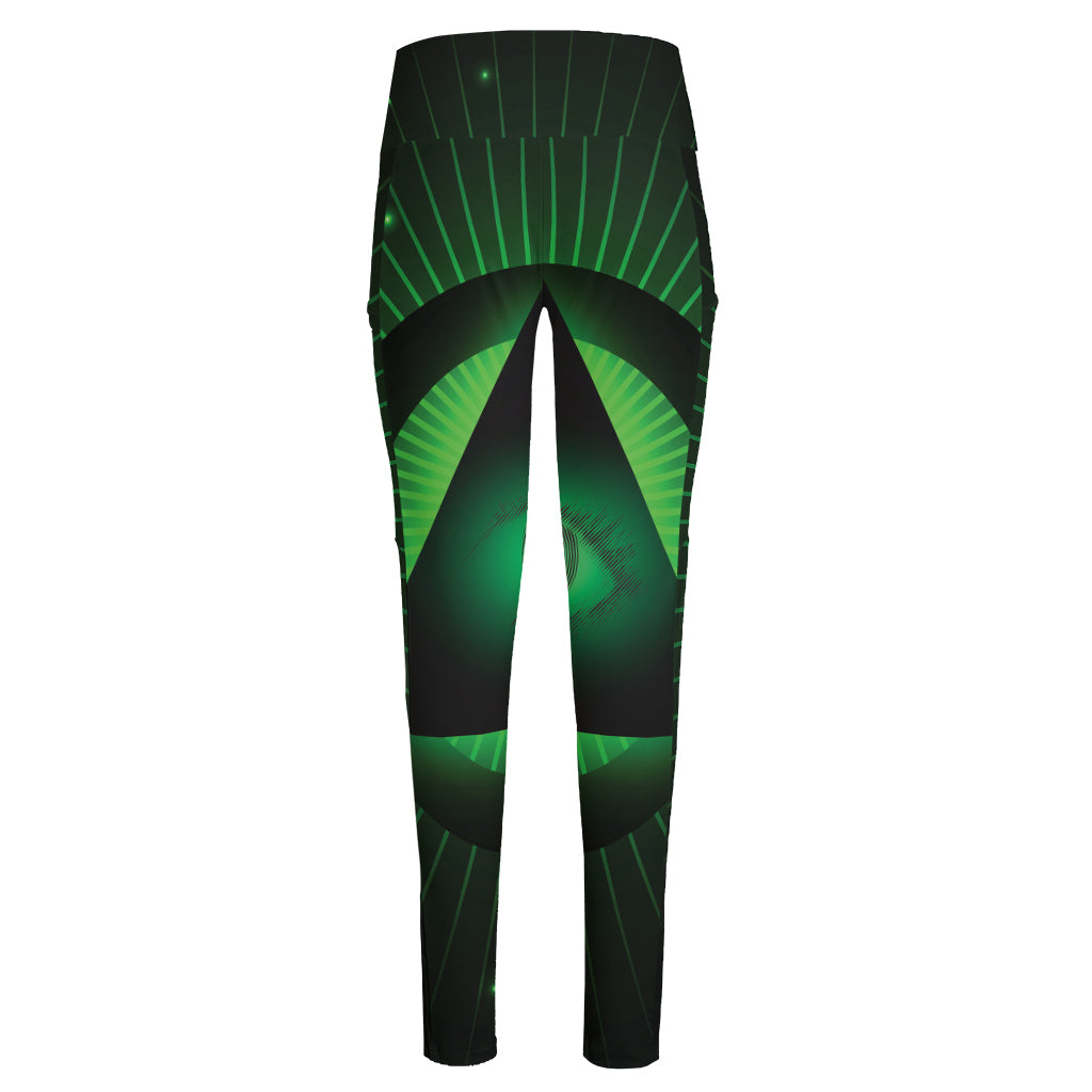 Green Masonic Eye Print High-Waisted Pocket Leggings