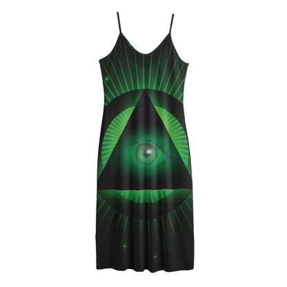 Green Masonic Eye Print Jersey Midi Cami Dress