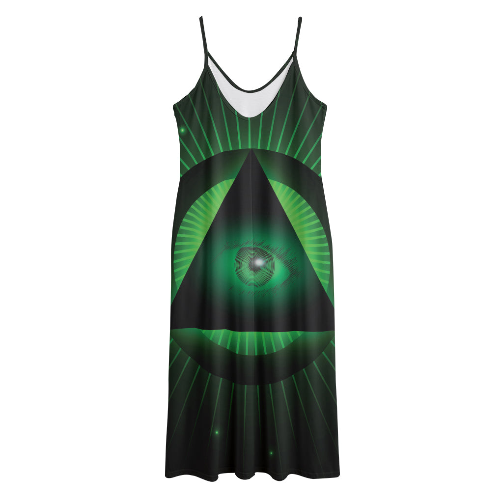 Green Masonic Eye Print Jersey Midi Cami Dress