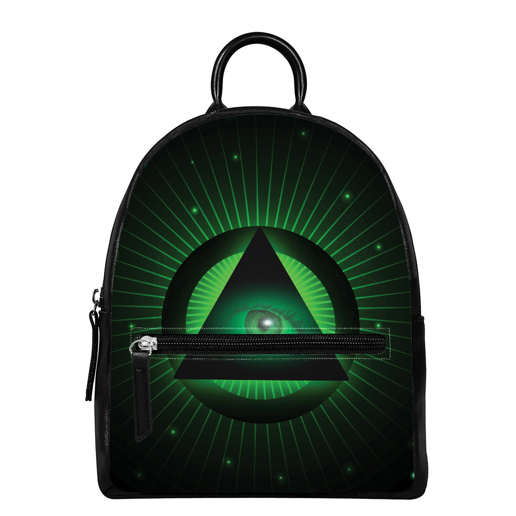 Green Masonic Eye Print Leather Backpack