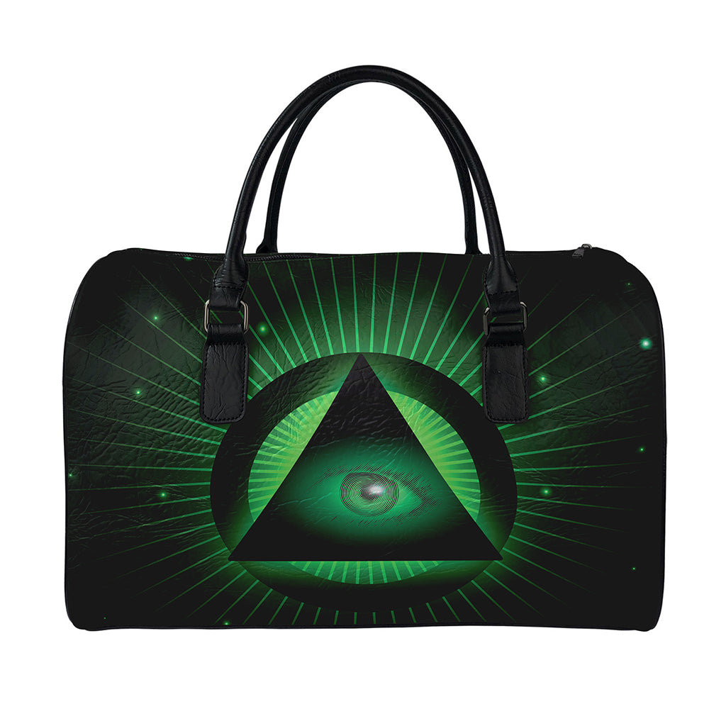 Green Masonic Eye Print Leather Duffle Bag