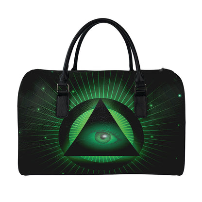 Green Masonic Eye Print Leather Duffle Bag