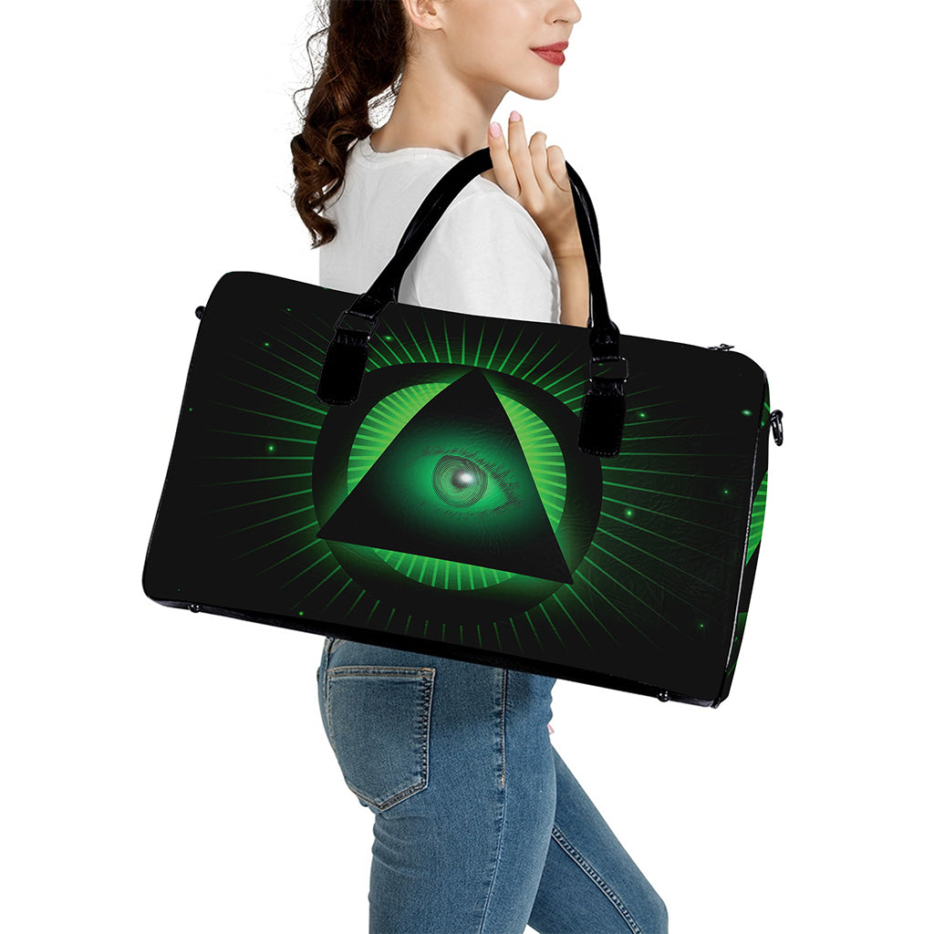 Green Masonic Eye Print Leather Duffle Bag