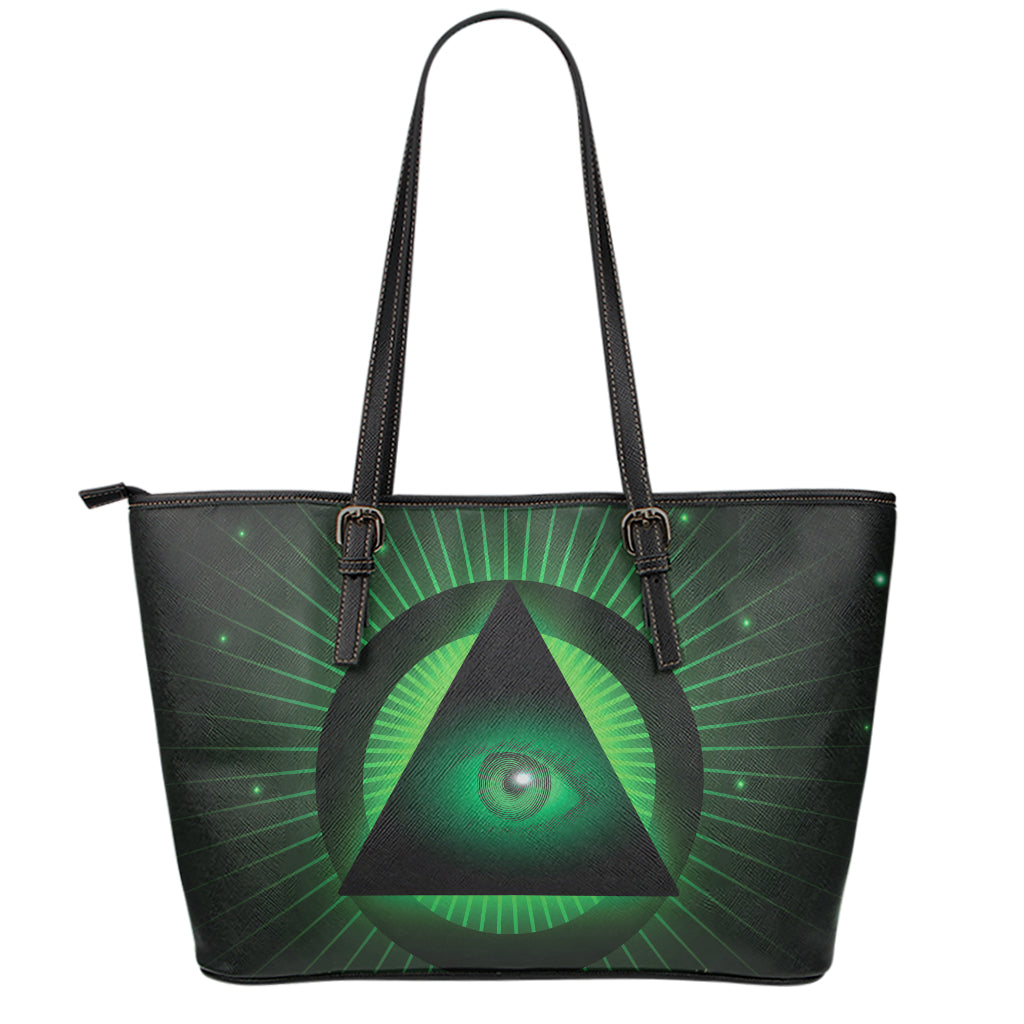 Green Masonic Eye Print Leather Tote Bag