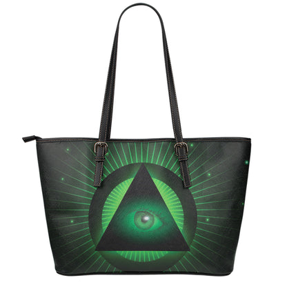 Green Masonic Eye Print Leather Tote Bag