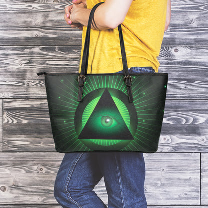 Green Masonic Eye Print Leather Tote Bag