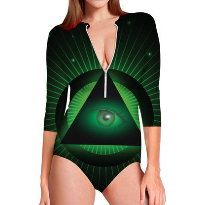 Green Masonic Eye Print Long Sleeve Swimsuit