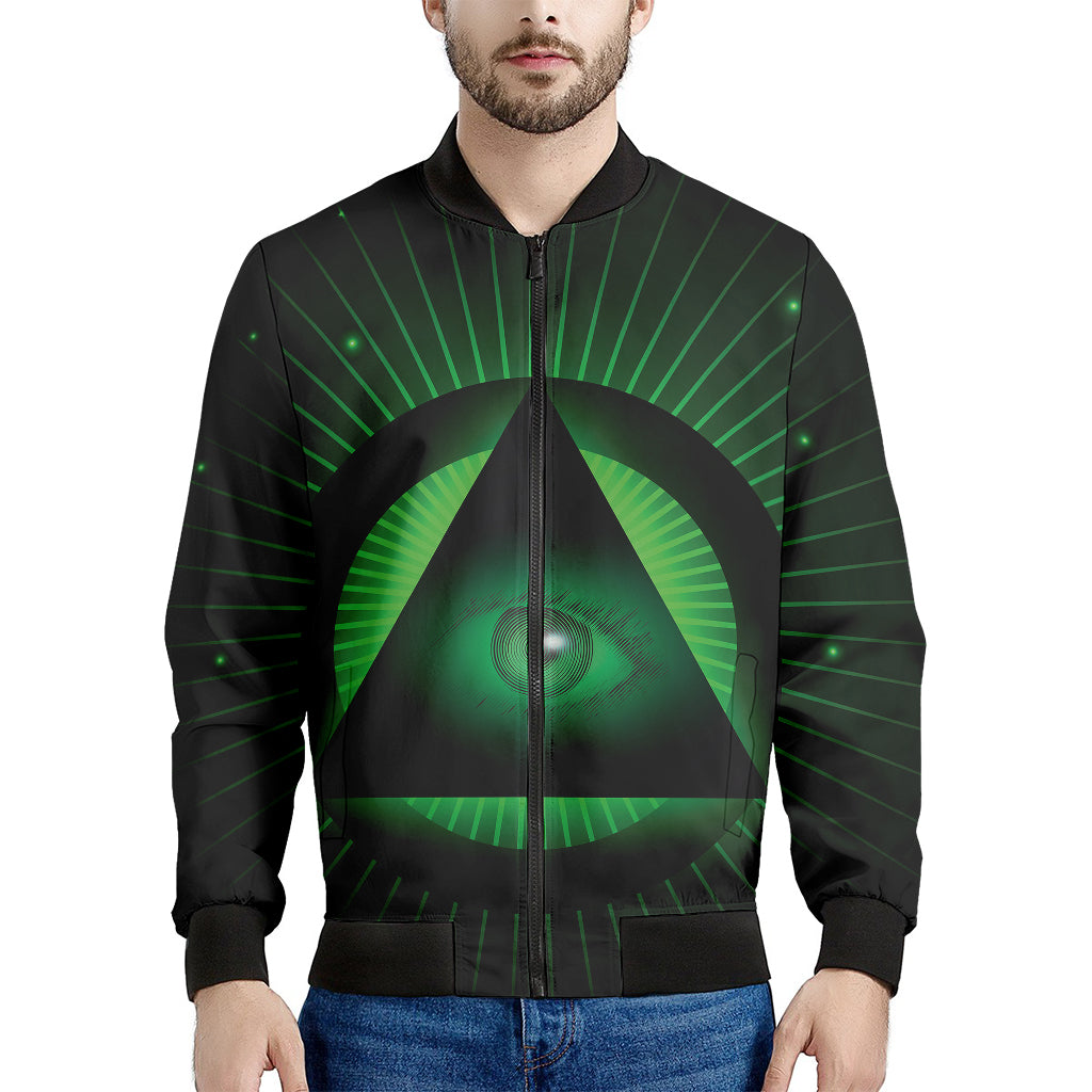 Green Masonic Eye Print Men's Bomber Jacket