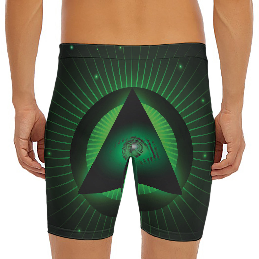 Green Masonic Eye Print Men's Long Boxer Briefs