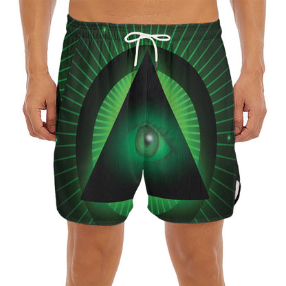 Green Masonic Eye Print Men's Split Running Shorts