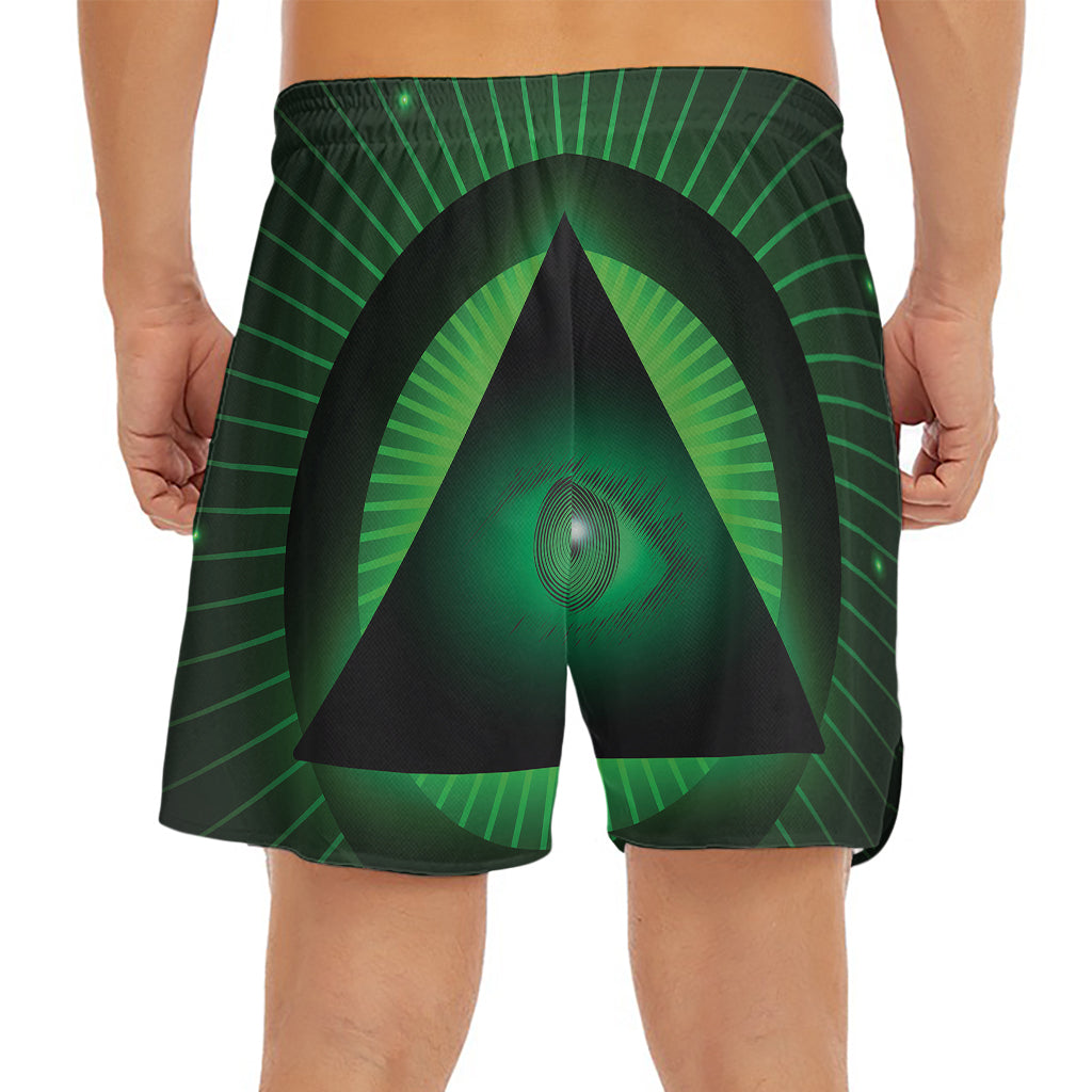 Green Masonic Eye Print Men's Split Running Shorts