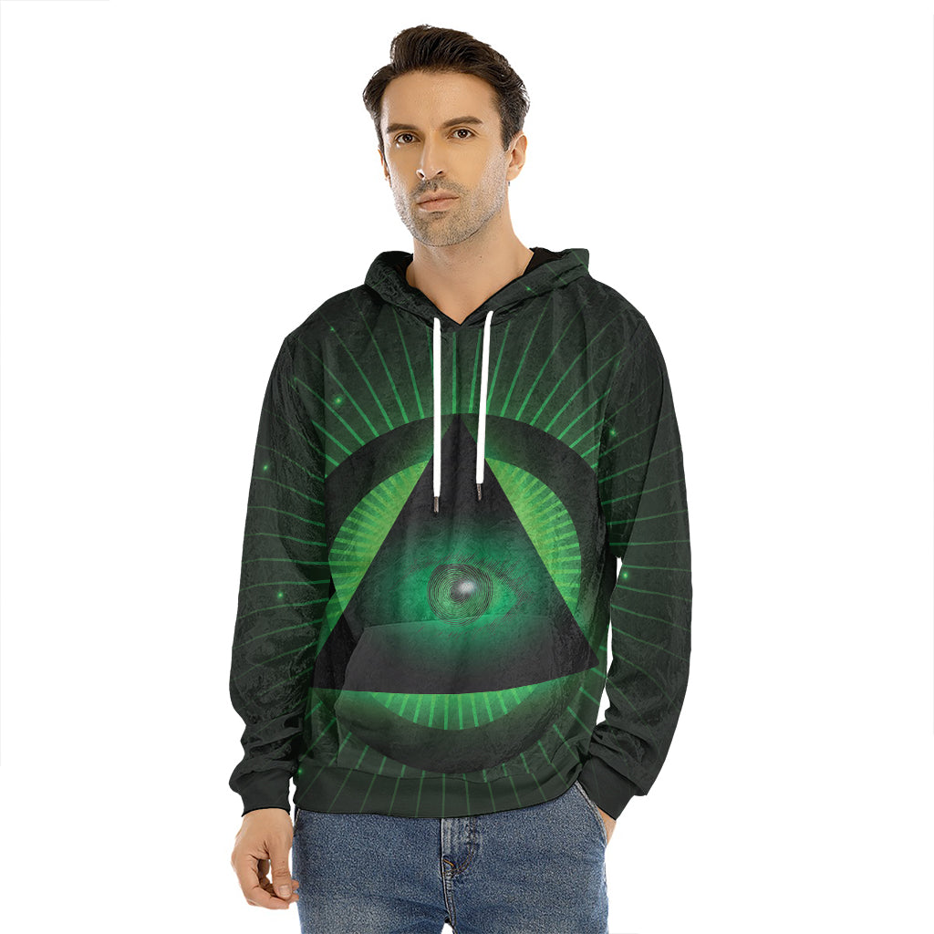 Green Masonic Eye Print Men's Velvet Pullover Hoodie