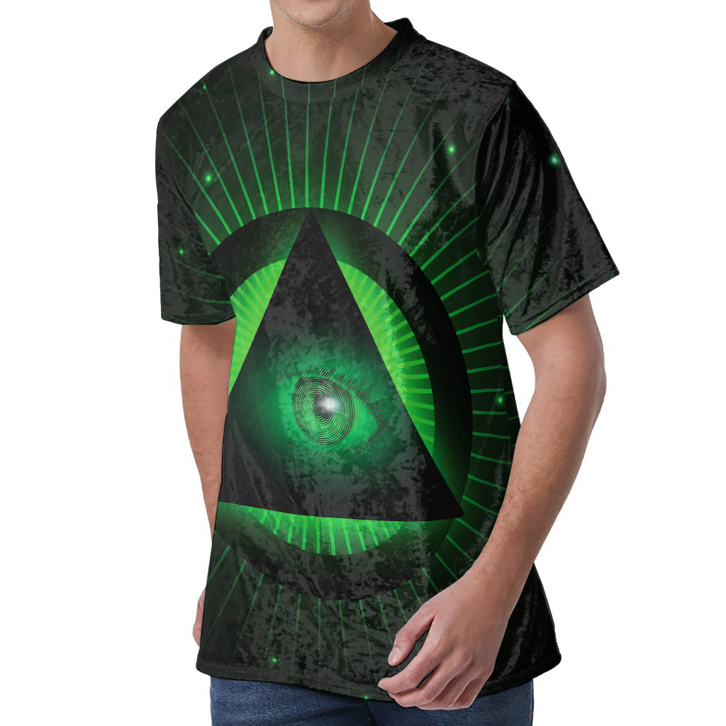 Green Masonic Eye Print Men's Velvet T-Shirt
