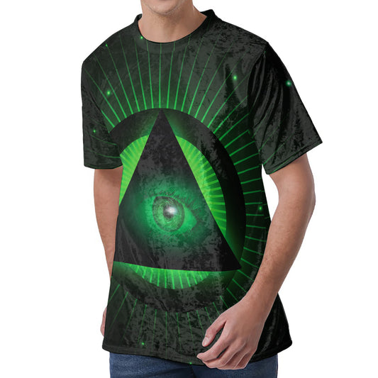 Green Masonic Eye Print Men's Velvet T-Shirt