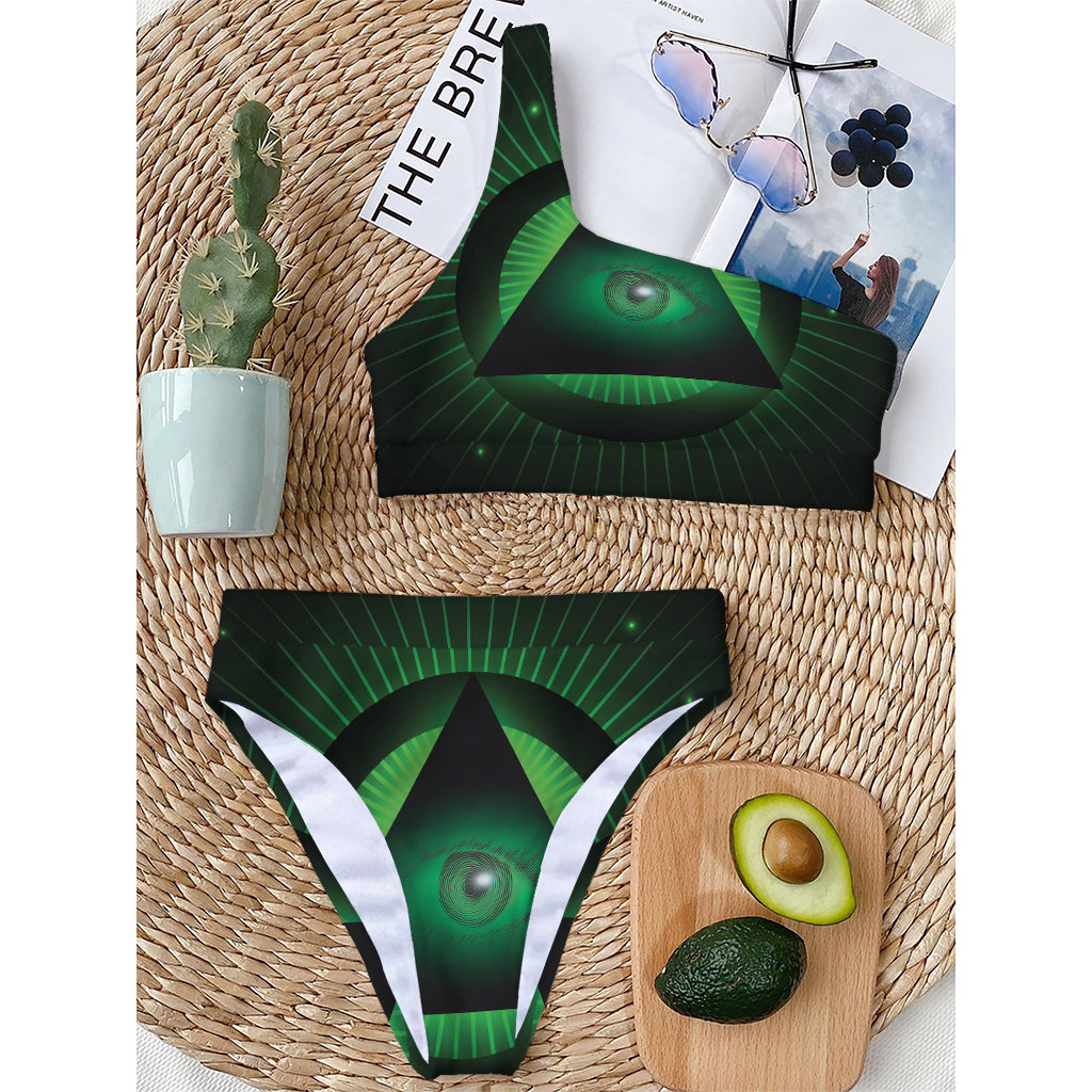 Green Masonic Eye Print One Shoulder Bikini Top