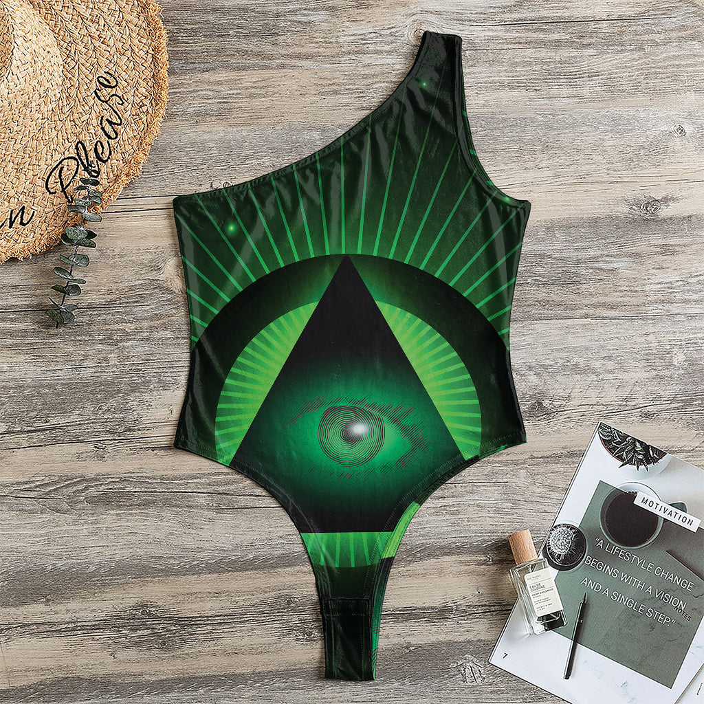 Green Masonic Eye Print One Shoulder Bodysuit