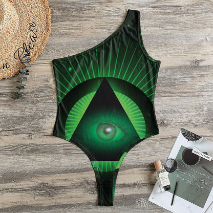Green Masonic Eye Print One Shoulder Bodysuit