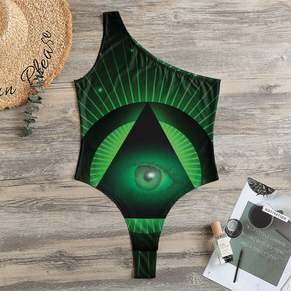 Green Masonic Eye Print One Shoulder Bodysuit
