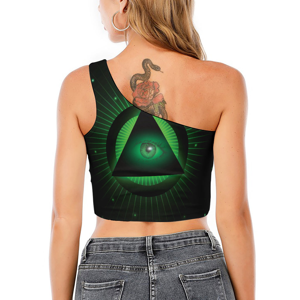 Green Masonic Eye Print One Shoulder Crop Top