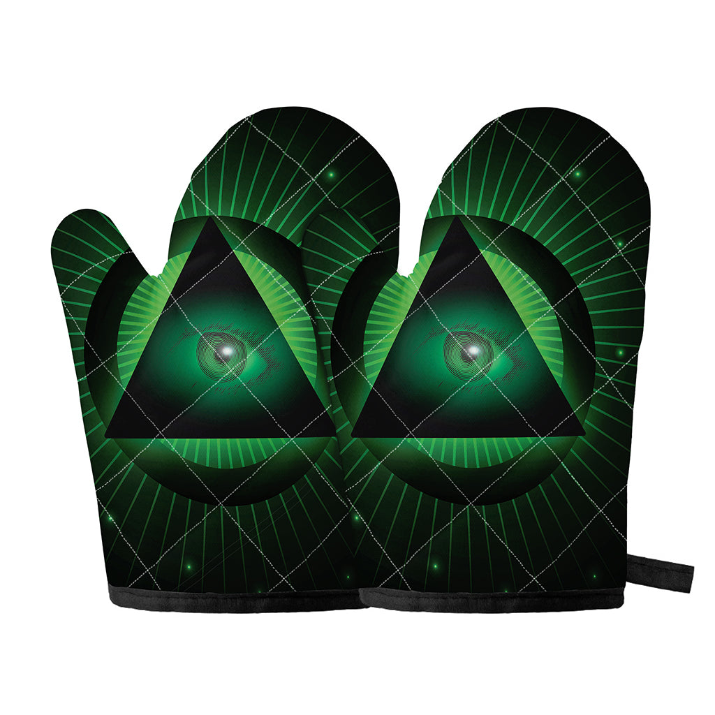 Green Masonic Eye Print Oven Mitts
