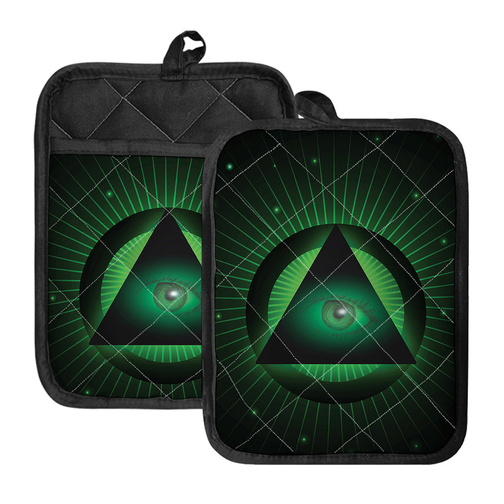 Green Masonic Eye Print Pot Holders With Pocket