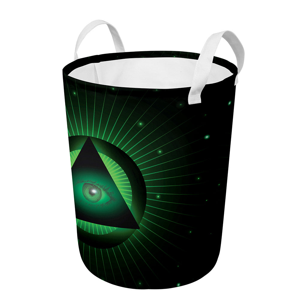 Green Masonic Eye Print Round Laundry Basket