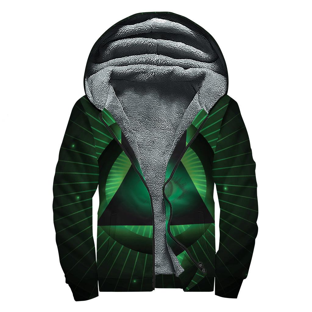 Green Masonic Eye Print Sherpa Lined Zip Up Hoodie