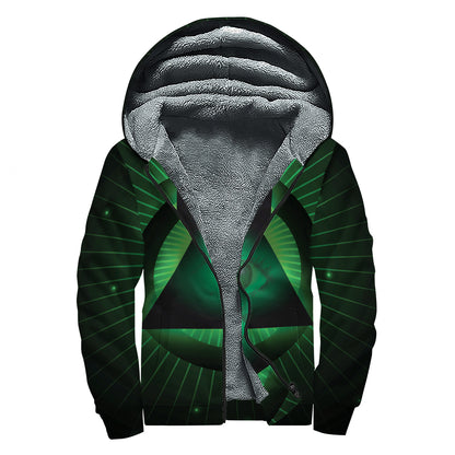 Green Masonic Eye Print Sherpa Lined Zip Up Hoodie
