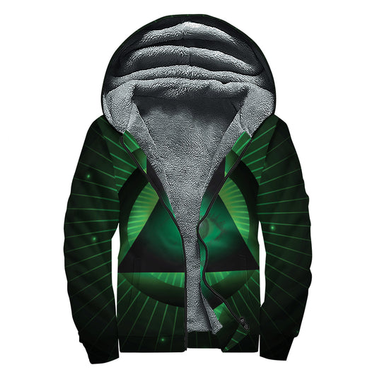 Green Masonic Eye Print Sherpa Lined Zip Up Hoodie