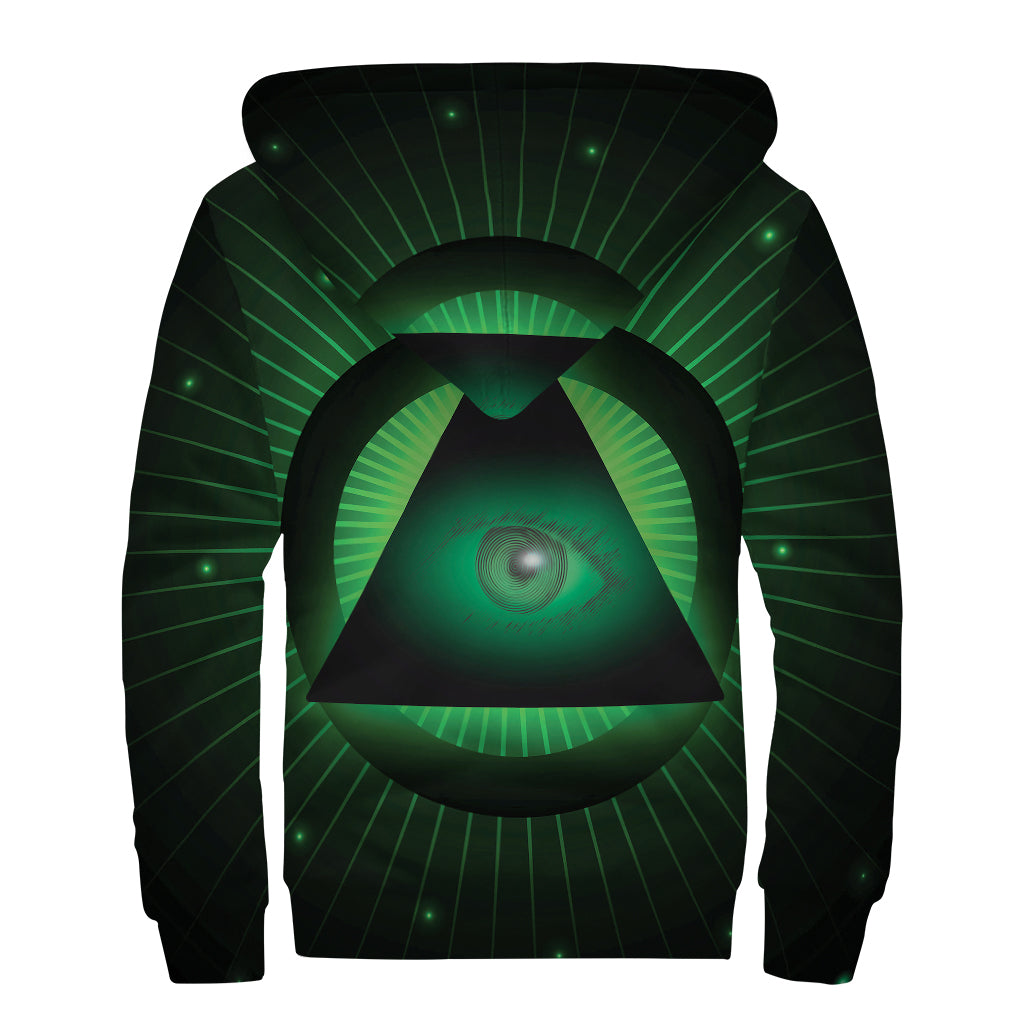Green Masonic Eye Print Sherpa Lined Zip Up Hoodie