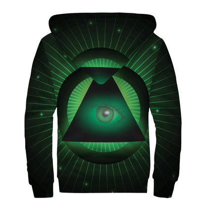 Green Masonic Eye Print Sherpa Lined Zip Up Hoodie