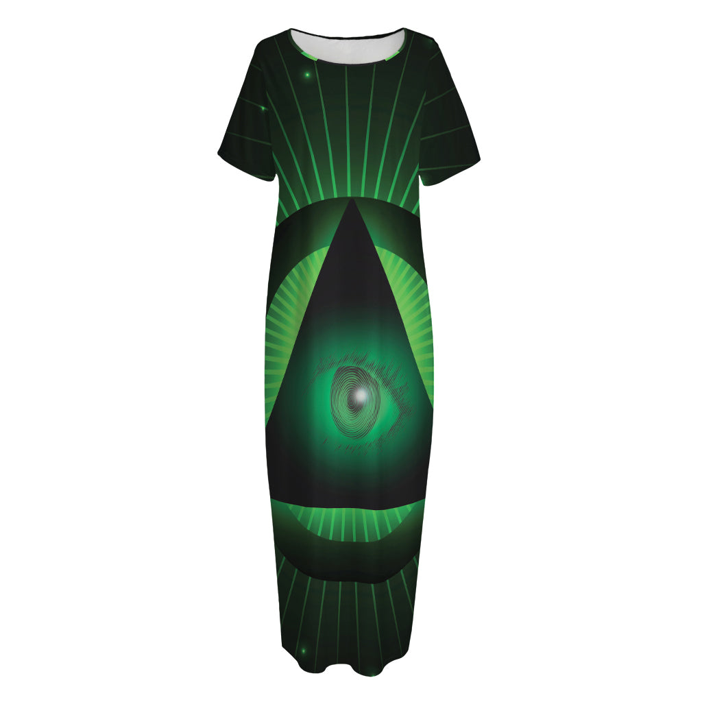 Green Masonic Eye Print Short Sleeve Long Nightdress