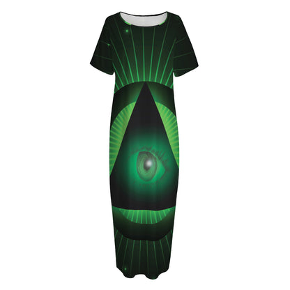 Green Masonic Eye Print Short Sleeve Long Nightdress