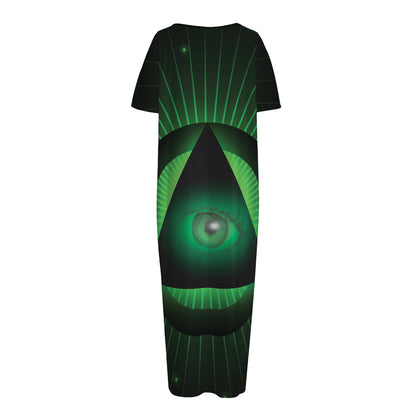 Green Masonic Eye Print Short Sleeve Long Nightdress