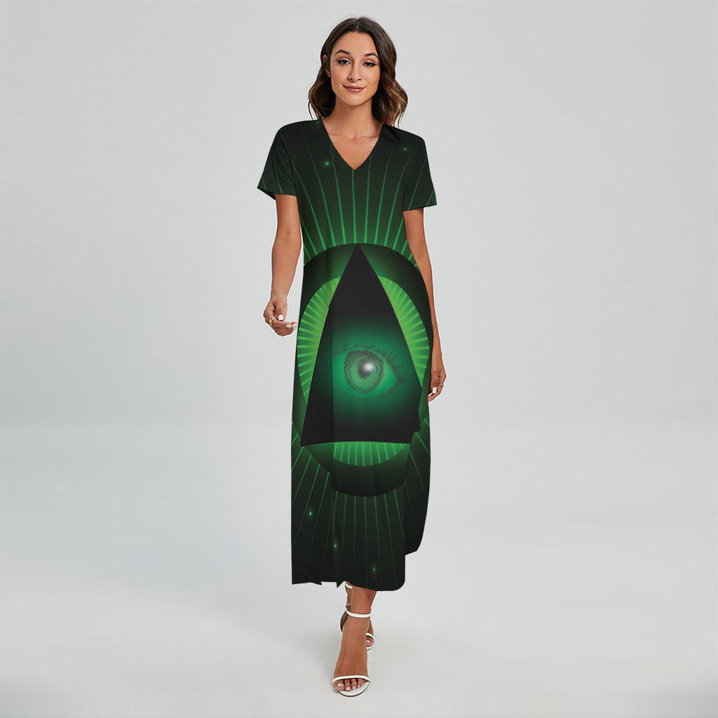 Green Masonic Eye Print Short Sleeve Maxi Dress