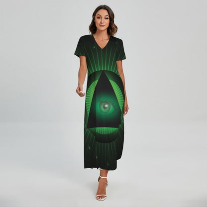 Green Masonic Eye Print Short Sleeve Maxi Dress