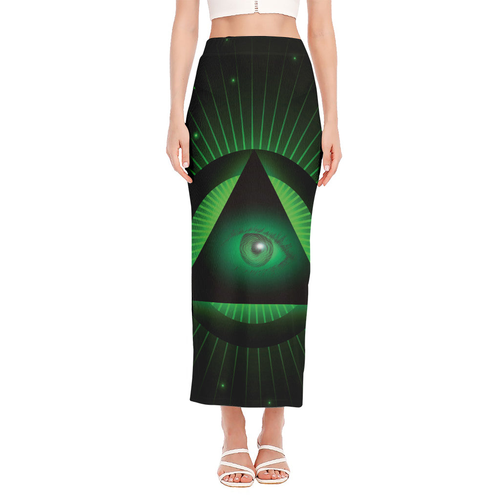 Green Masonic Eye Print Side Slit Maxi Skirt