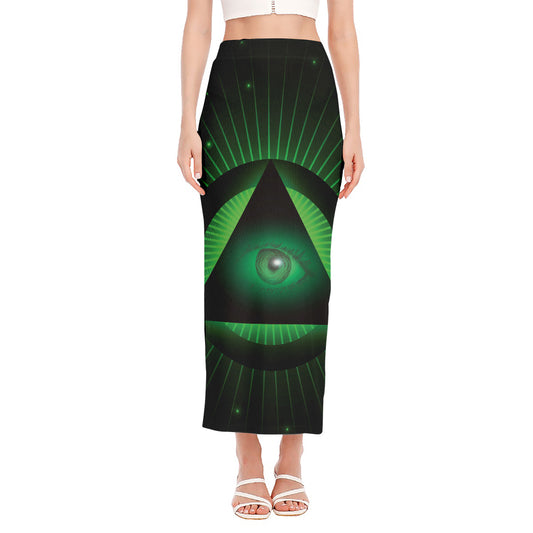 Green Masonic Eye Print Side Slit Maxi Skirt